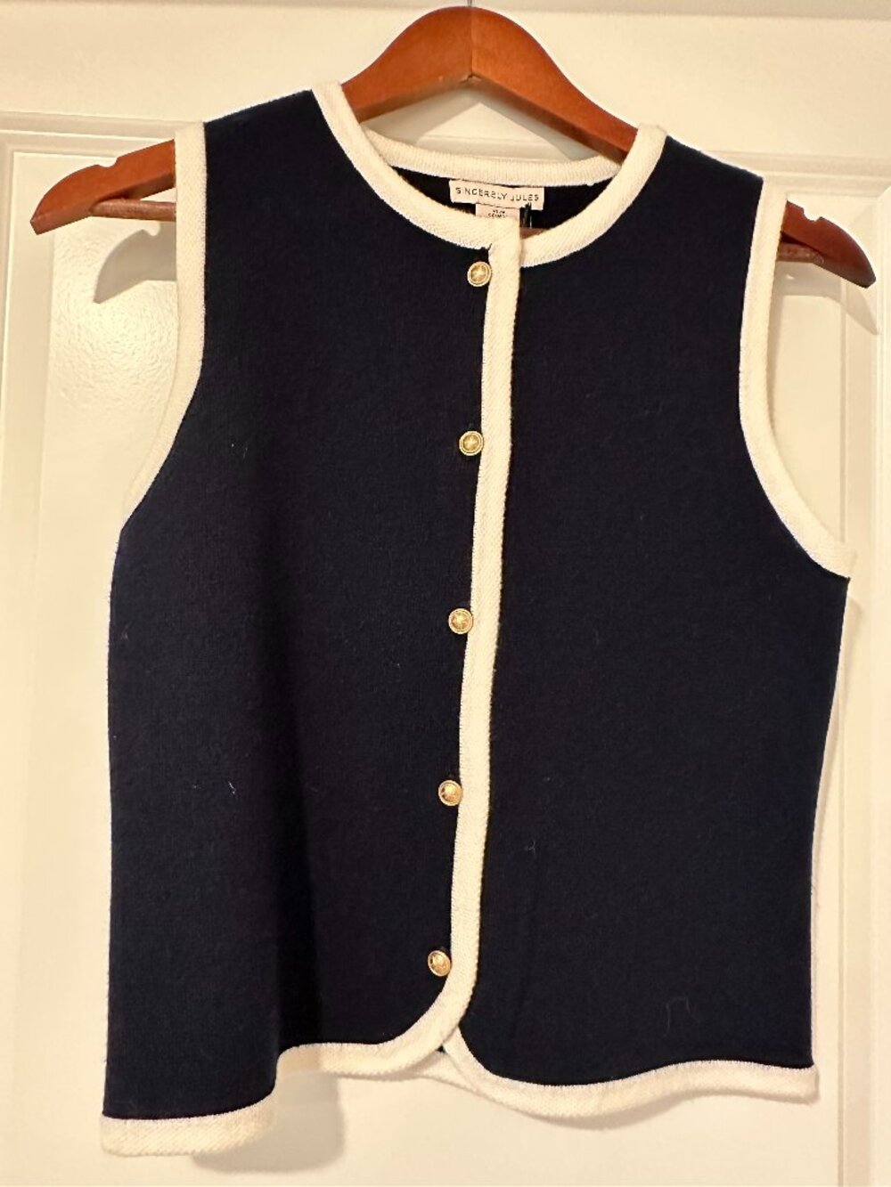 Navy and White Knit Button Front Vest with Gold Embossed Buttons